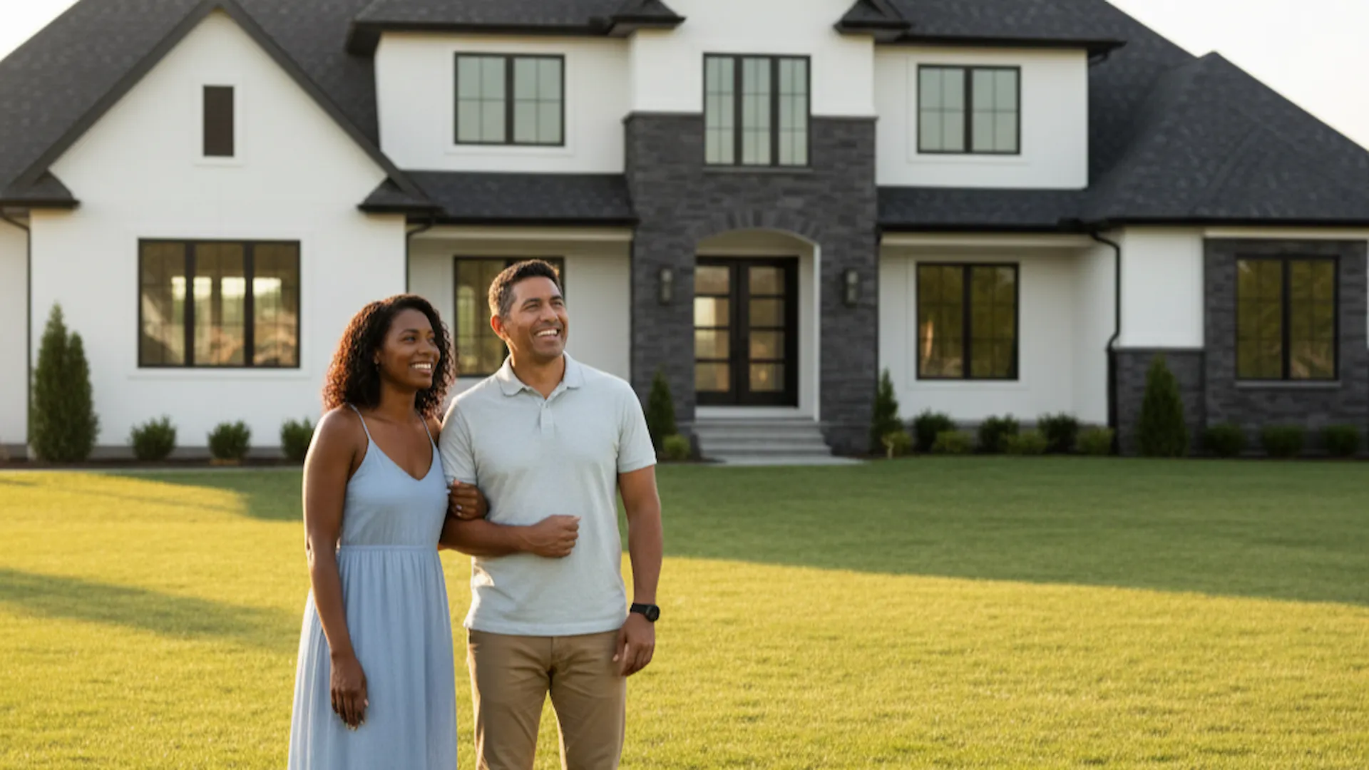 A happy couple smiling in front of their beautiful, newly roofed home